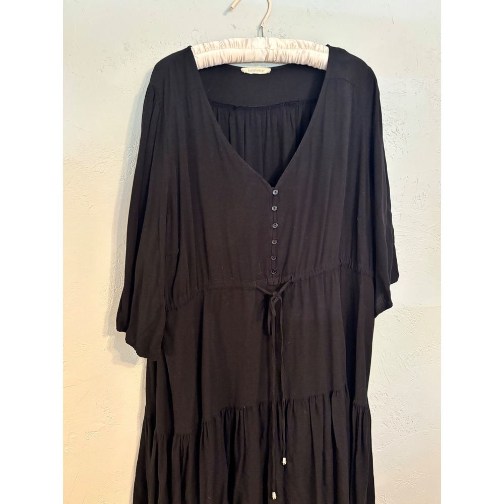 Loralette‎ Black Viscose Tiered Mini Dress V-Neck Button Front Drawstring Waist